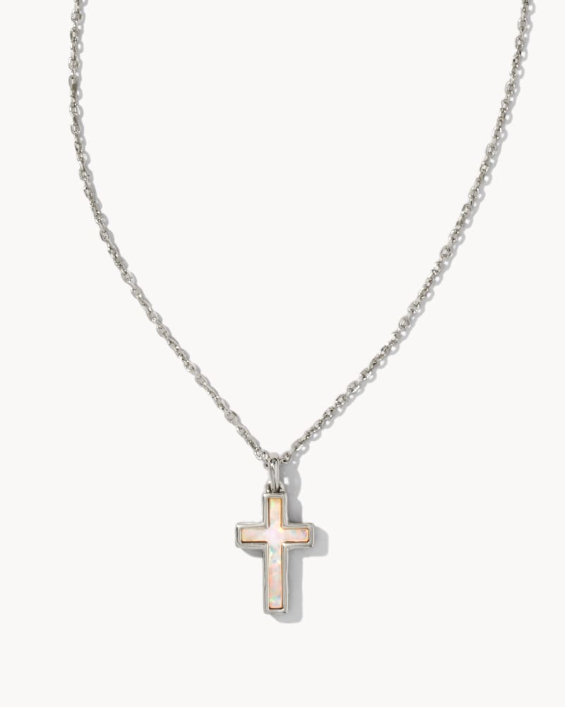 Cross Pendant Necklace Rhodium White Opal