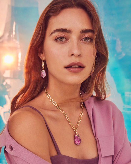 ASHLYN MULTI STONE DROP EARRINGS GOLD MAGENTA MIX