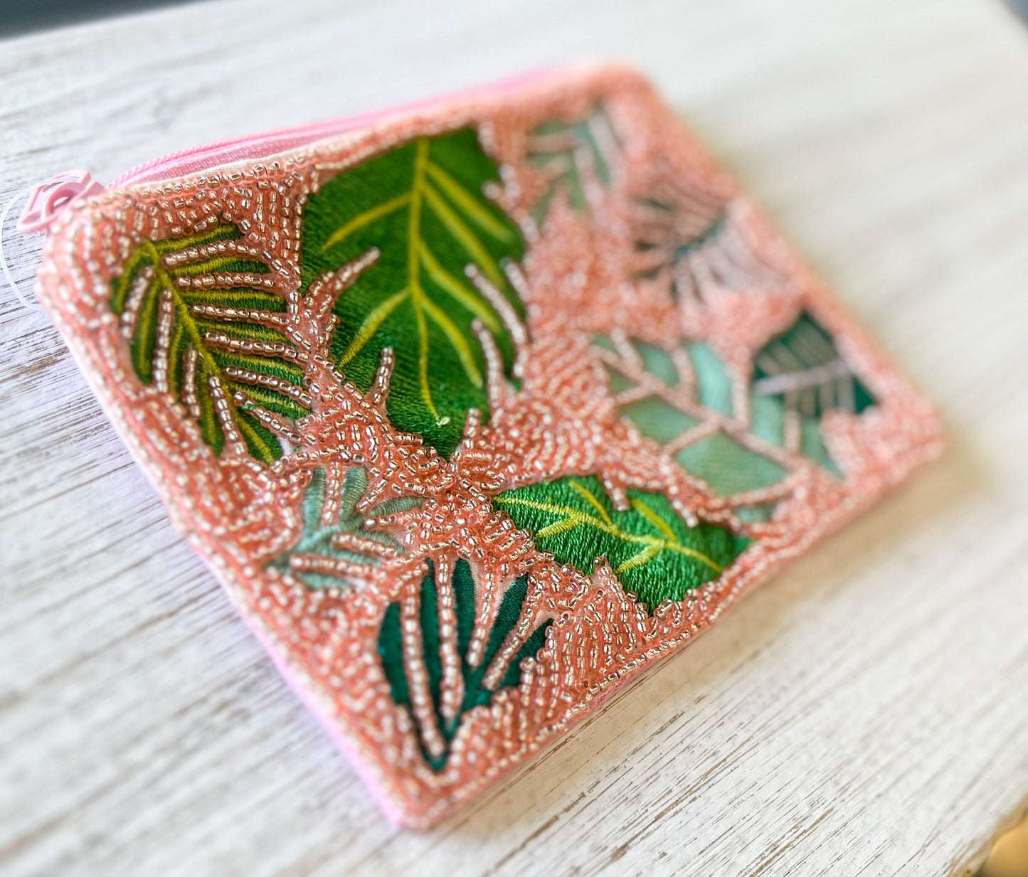 Palm Leaves Light Pink Beaded Pouch - She Chester