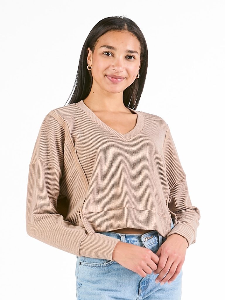 Knit V Neck Pullover Crop - Umber