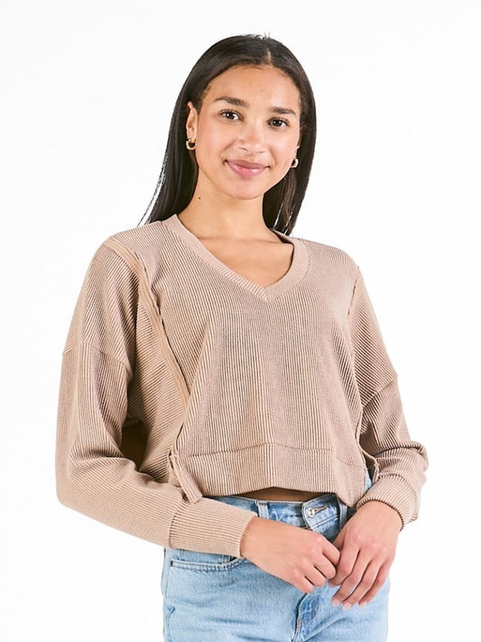 Knit V Neck Pullover Crop - Umber