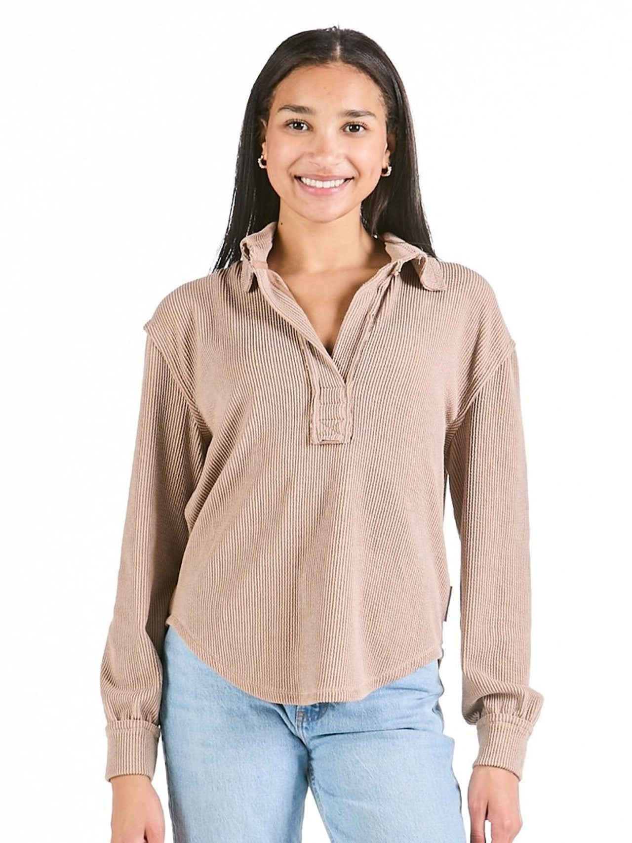 Knit V Neck Waffle Top - Umber