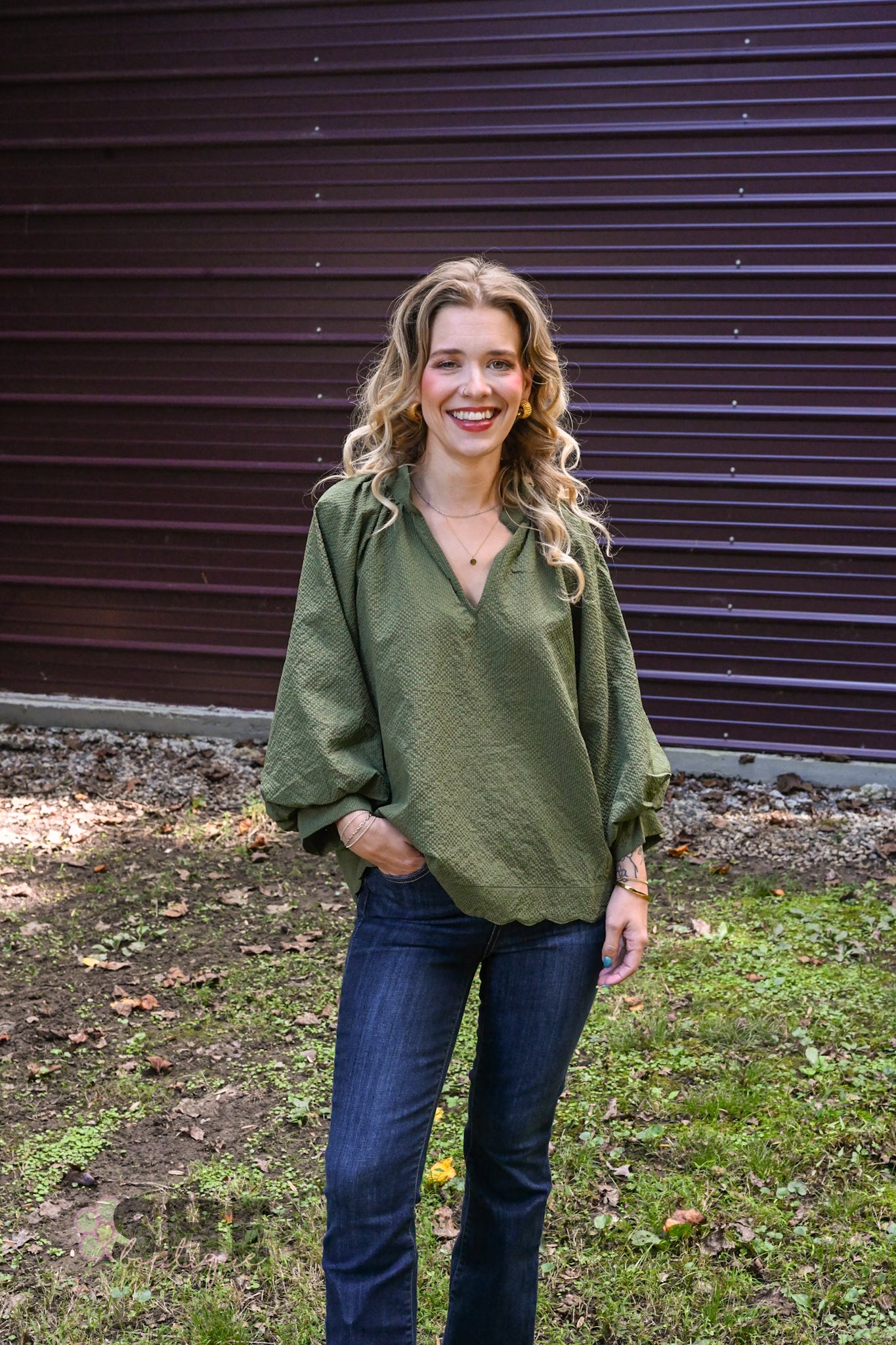 Tanner Bubble Sleeve Olive Top