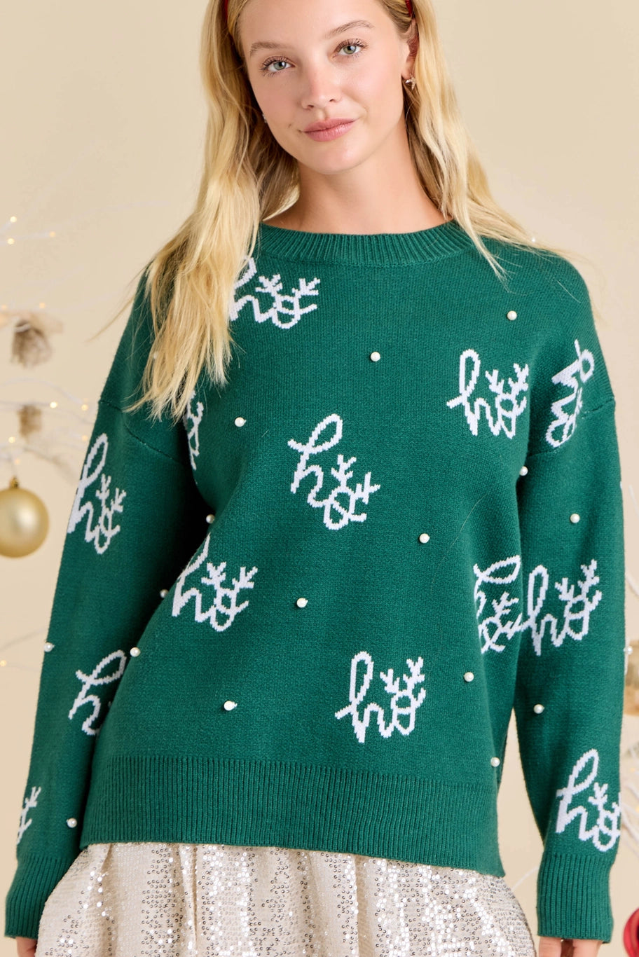 Ho Ho Ho Printed Green Sweater With Pearls