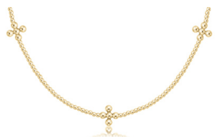 15" Choker Signature Cross Gold Pattern 2mm Bead - Classic Beaded Signature Cross Gold - 3mm Bead Gold - She Chester