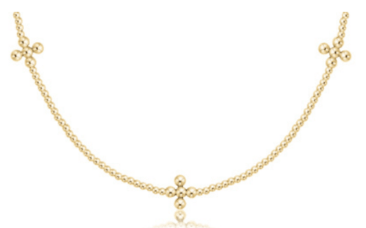 15" Choker Signature Cross Gold Pattern 2mm Bead - Classic Beaded Signature Cross Gold - 3mm Bead Gold - She Chester