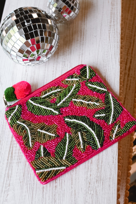 Palm Leaves Hot Pink Beaded Bag