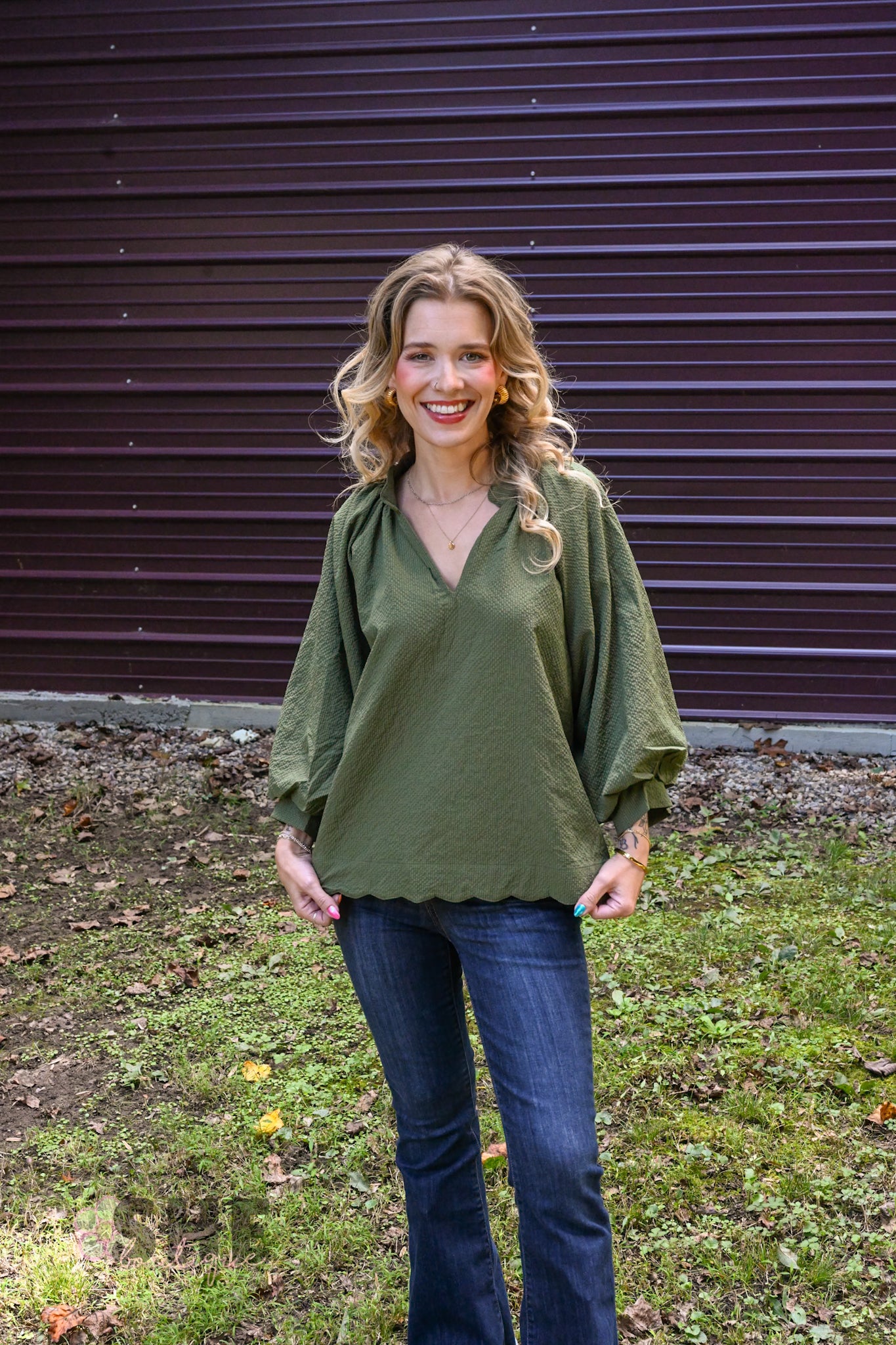 Tanner Bubble Sleeve Olive Top