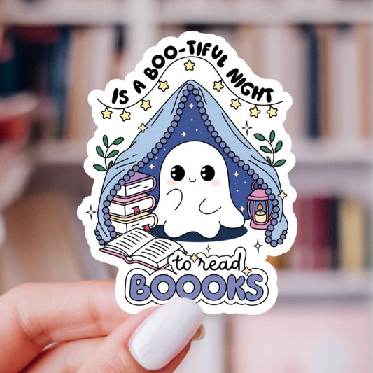 Bootiful Night To Read Sticker – Bookish Ghost, Glossy Vinyl: 2.5"