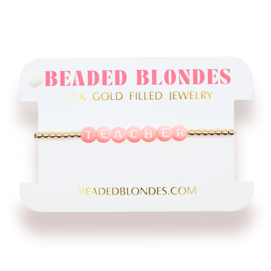 Teacher Pastel Pink Letter Bracelet: Standard 6.75 inch / Gold