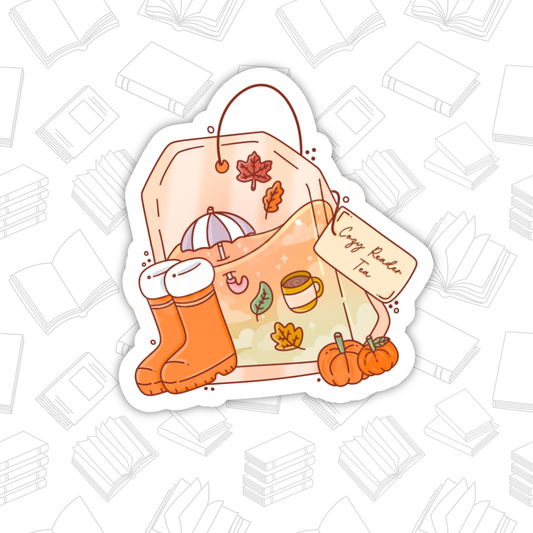 Cozy Reader Autumn Tea Sticker – Bookish Fall, Glossy Vinyl: 2.5"
