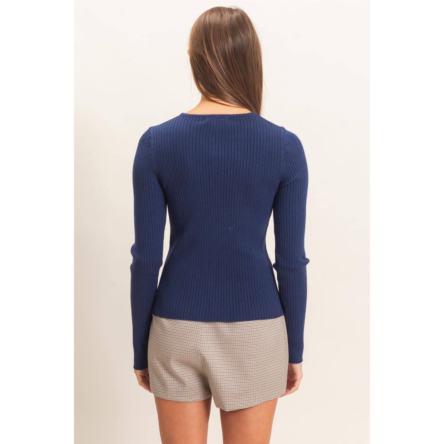 Ribbed Button Front Cardigan: Navy