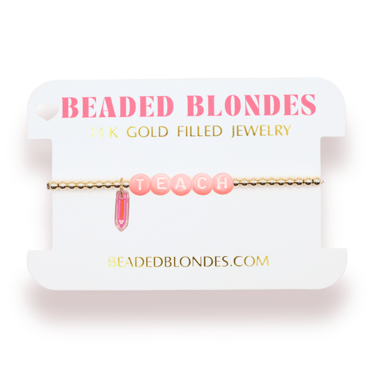 Pink Teach Pencil Charm Bracelet: Standard 6.75 inch / Gold