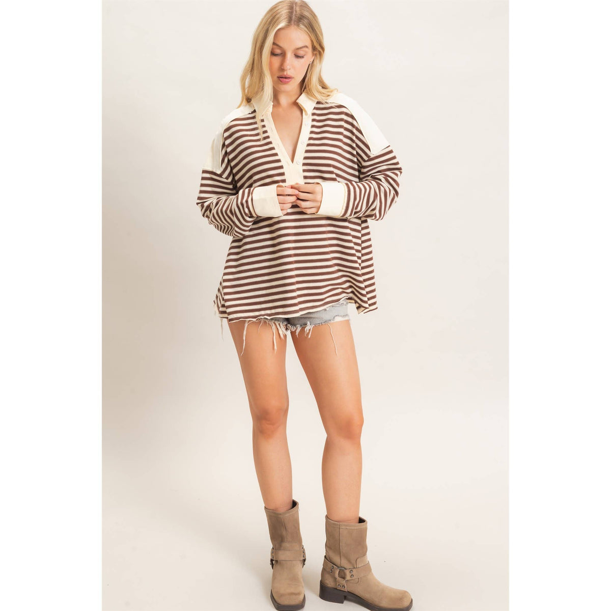 Striped Henley Sweatshirt: Chesnut