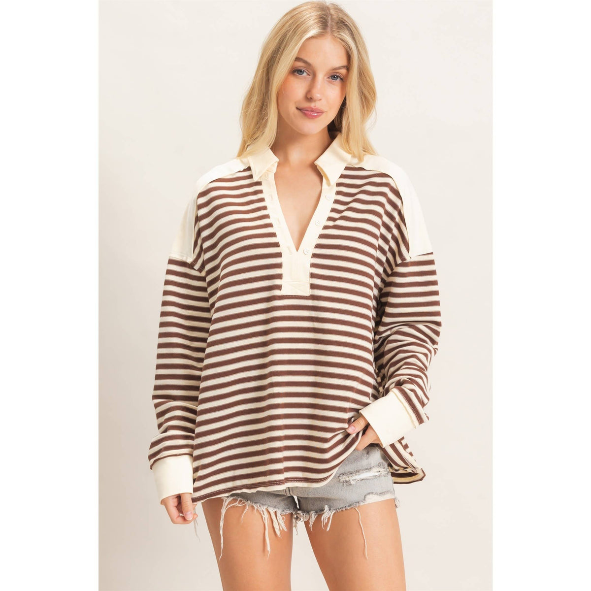 Striped Henley Sweatshirt: Chesnut