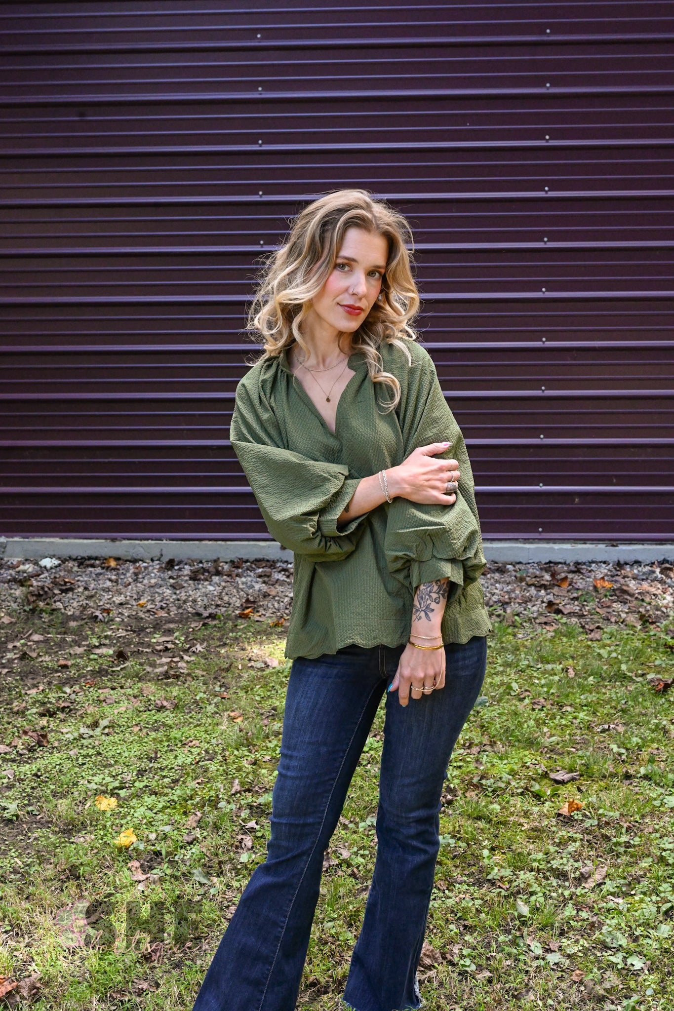 Tanner Bubble Sleeve Olive Top