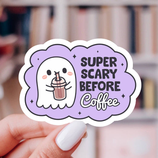 Scary Before Coffee Sticker – Cute Ghost, Glossy Vinyl : 2.5"