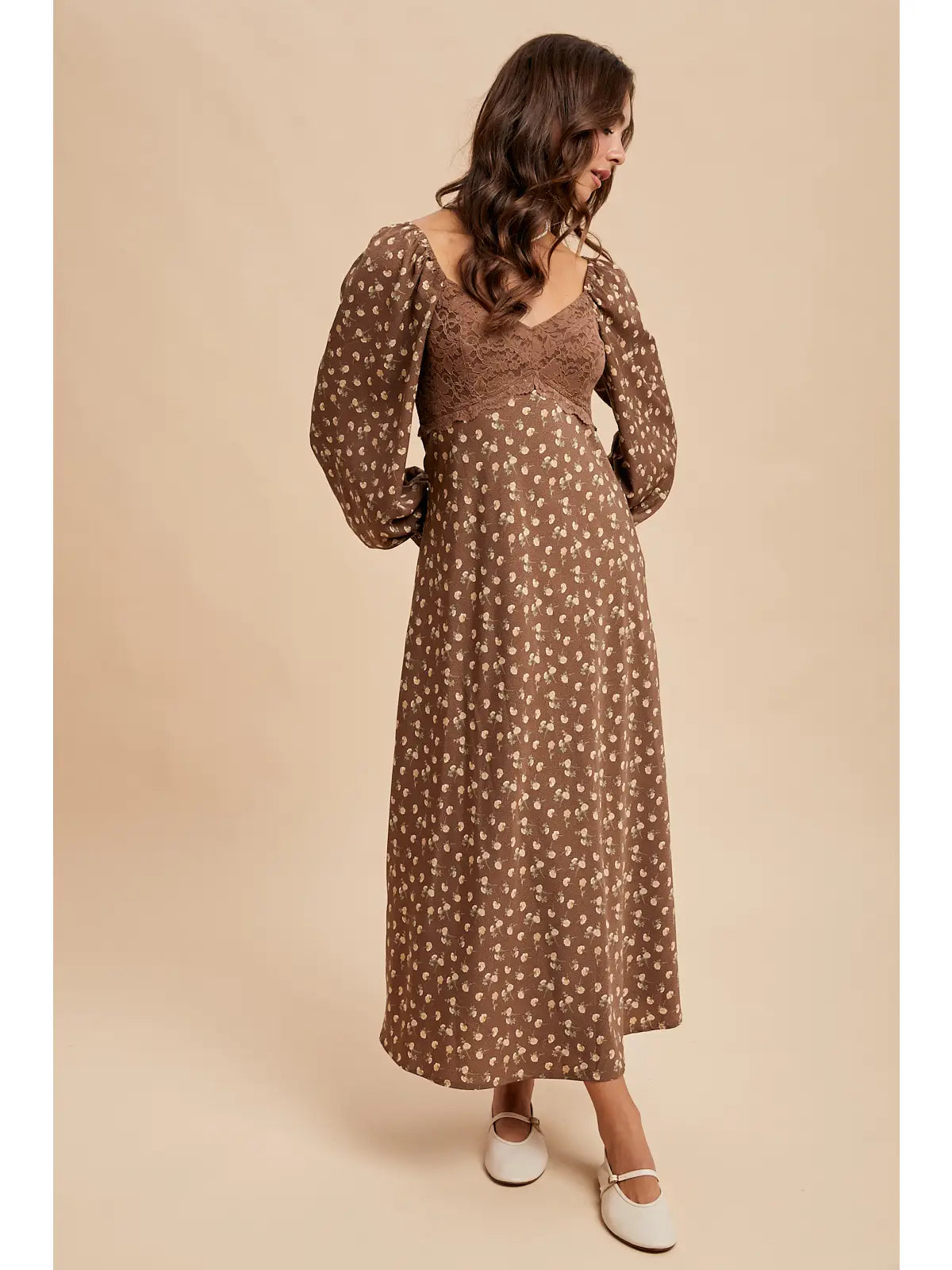 Brown Floral Lace Panel Maxi Dress