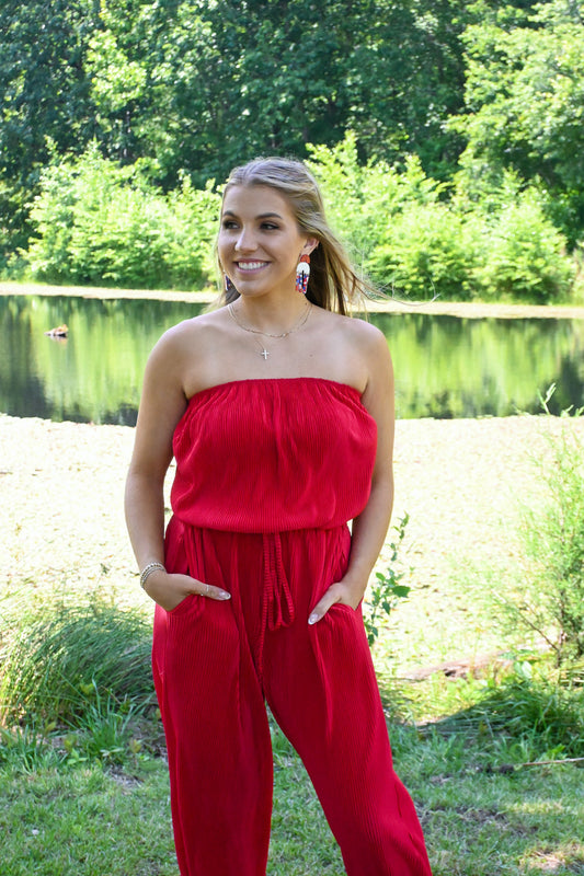 Red Strapless Pleated Jumpsuit -