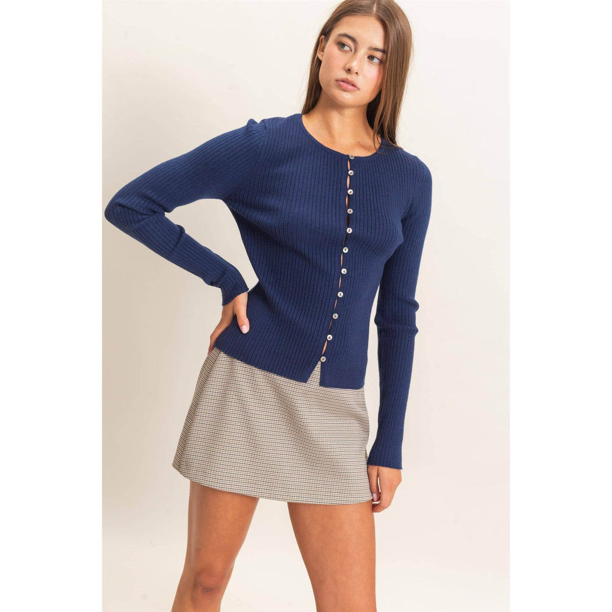 Ribbed Button Front Cardigan: Navy