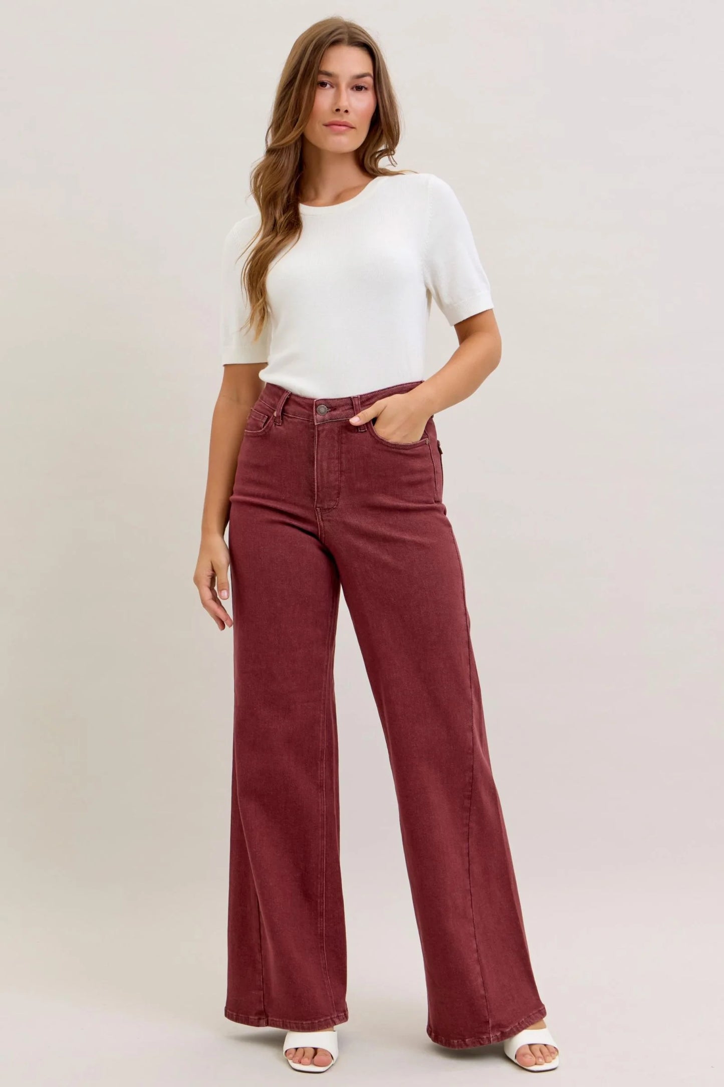 Burgundy Hight Waist Retro Wide Jeans Style 881032