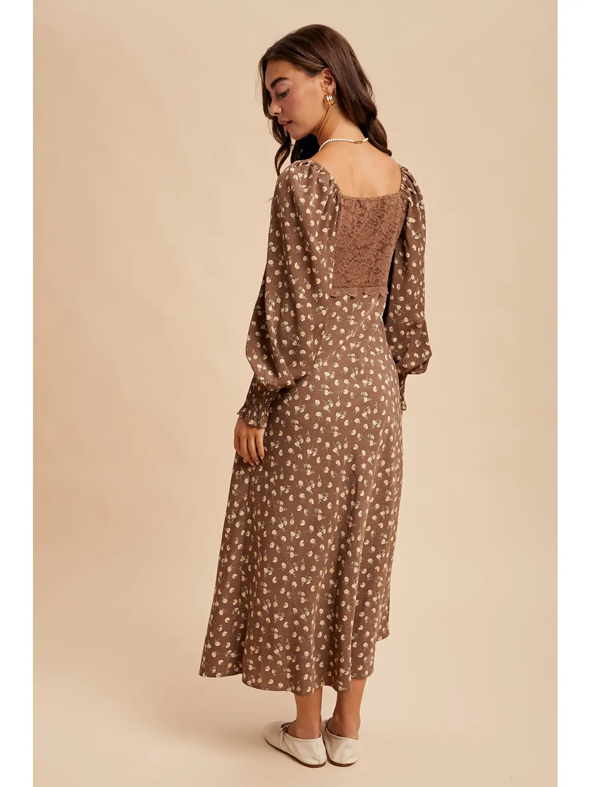 Brown Floral Lace Panel Maxi Dress