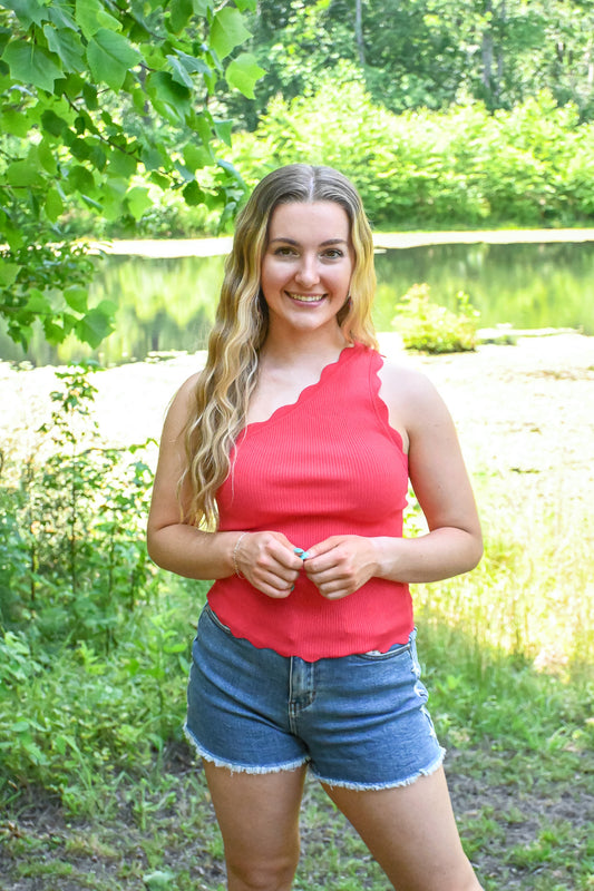 Scallop Hem One Shoulder Tank - Red -