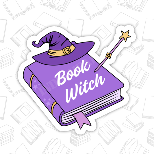 Book Witch Sticker – Halloween Bookish, Glossy Vinyl : 2.5"