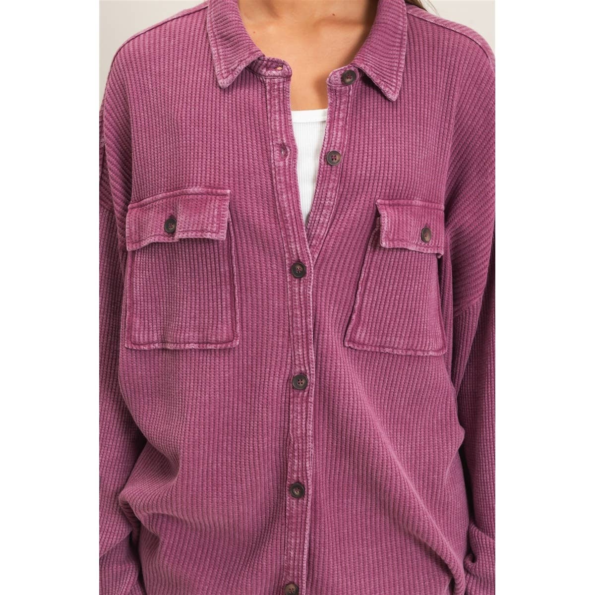 Mineral Wash Waffle Knit Button-Up Shacket: DARK CHERRY