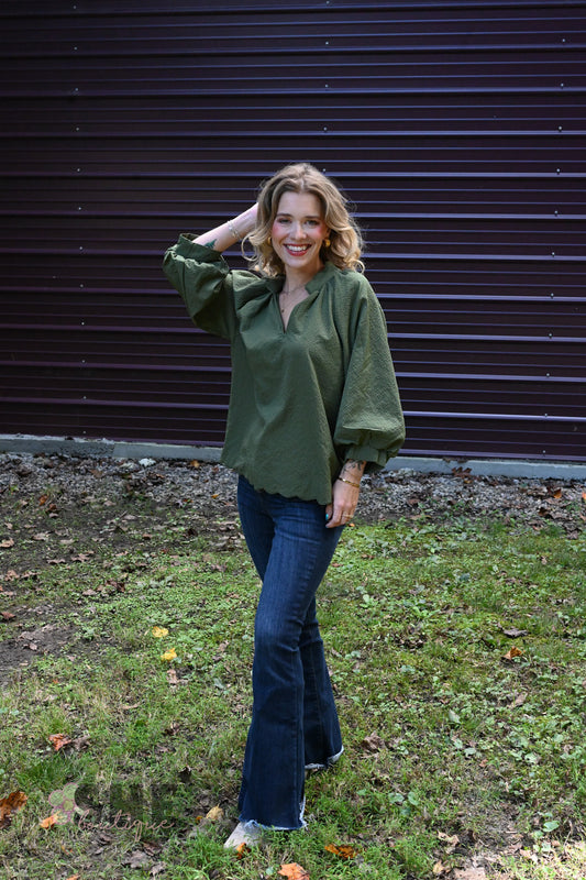 Tanner Bubble Sleeve Olive Top