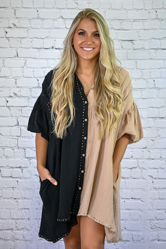 Halfsies Rhinestone Shirt Dress -