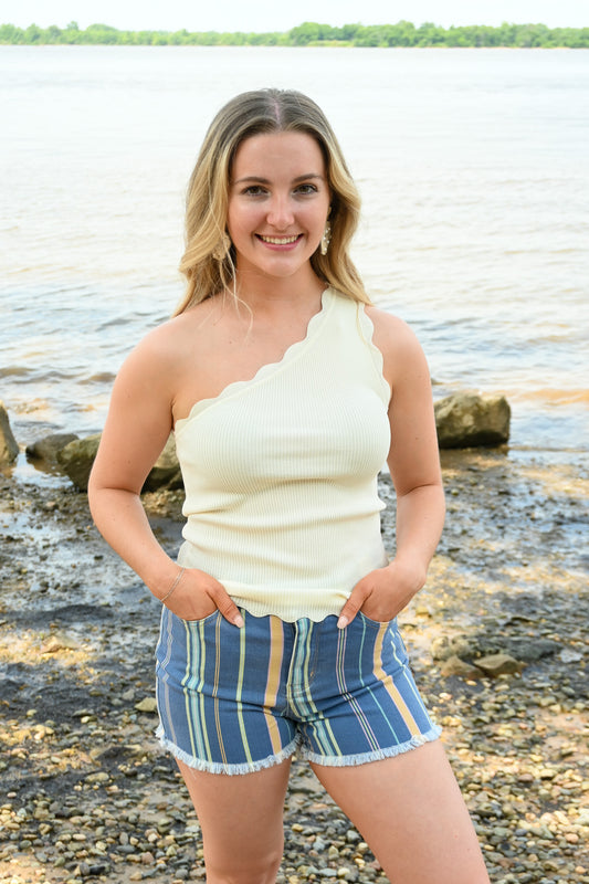 Scallop Hem One Shoulder Tank - Cream -