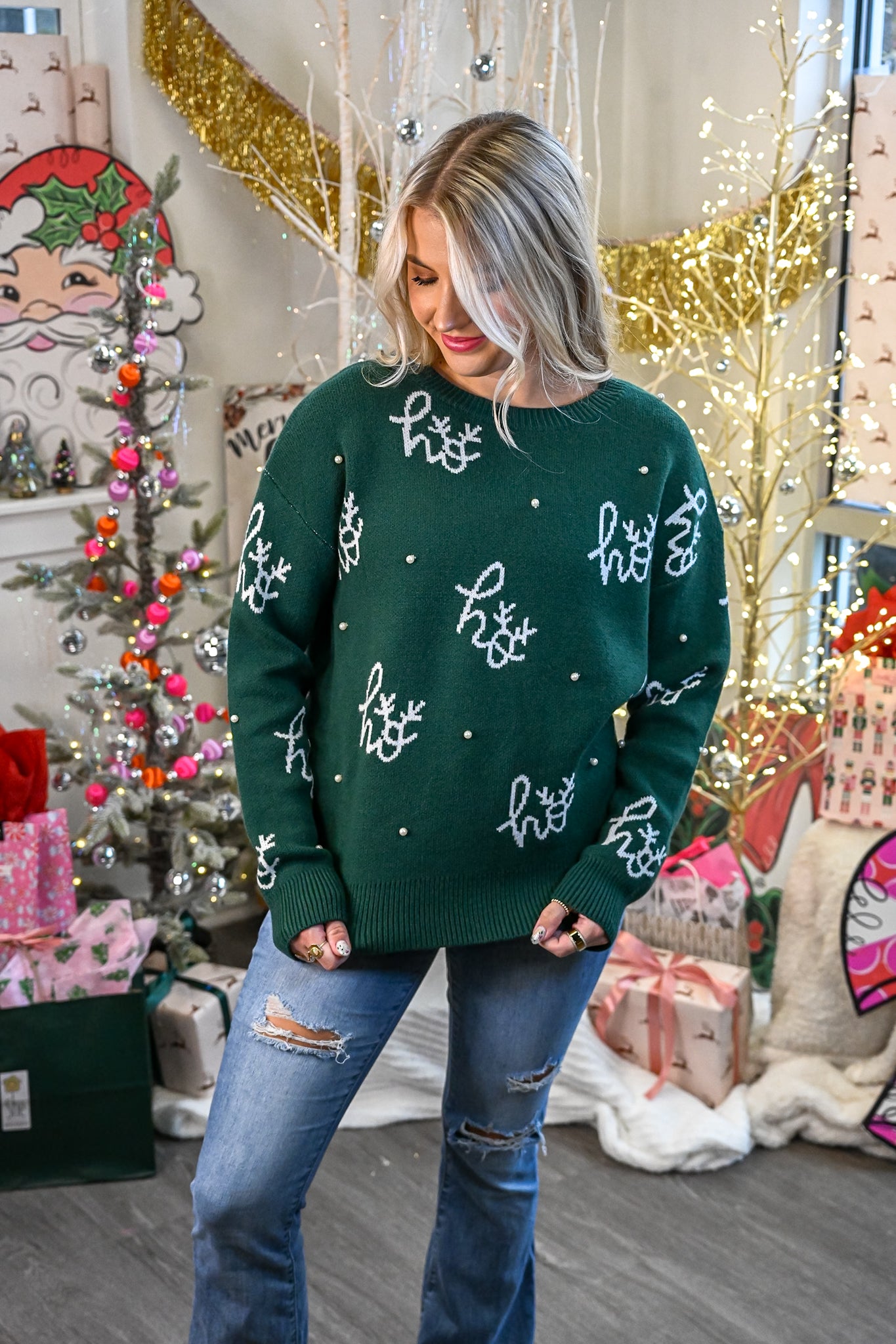 Ho Ho Ho Printed Green Sweater With Pearls