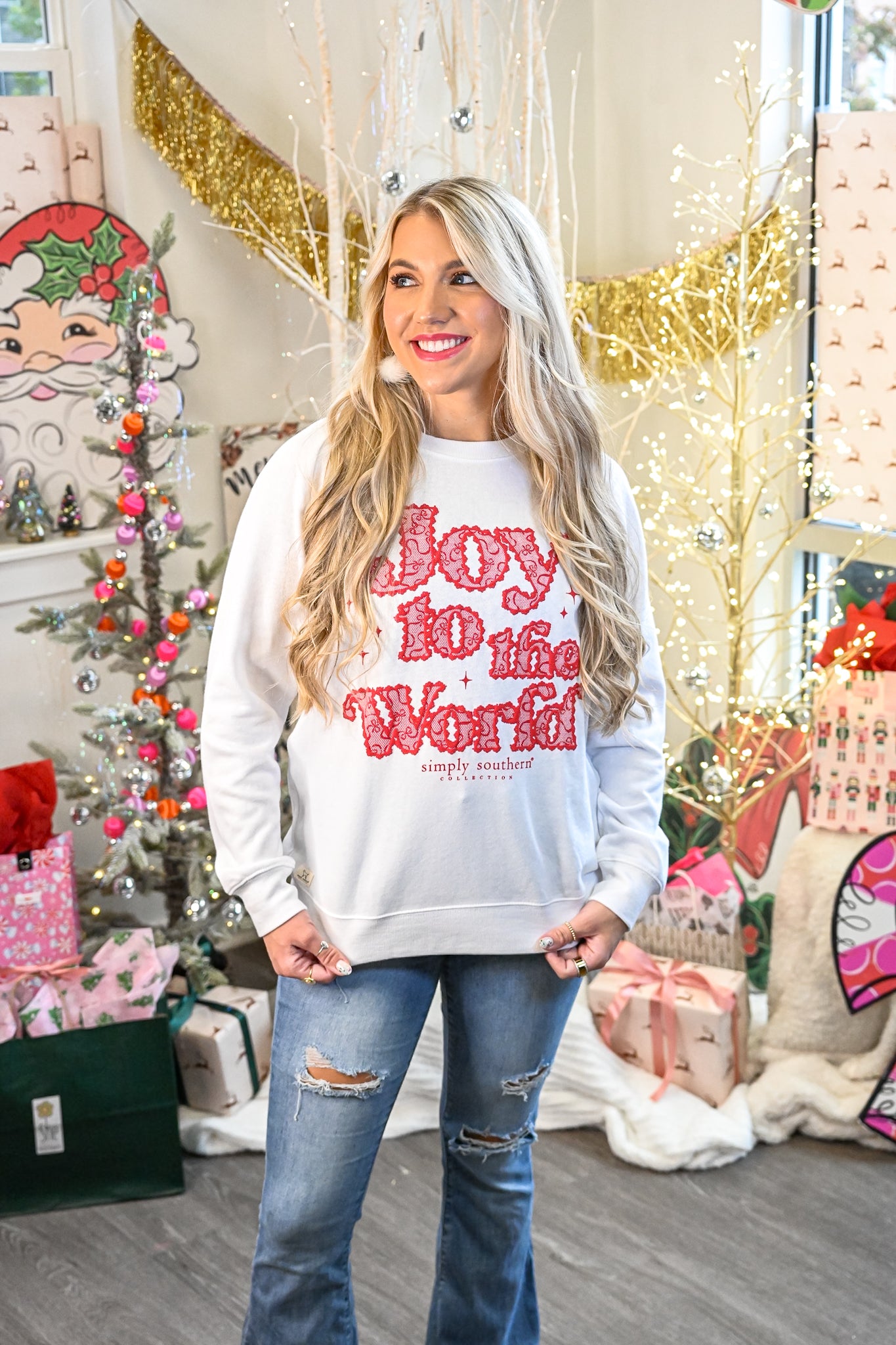 Joy to the World Red Lace Crewneck
