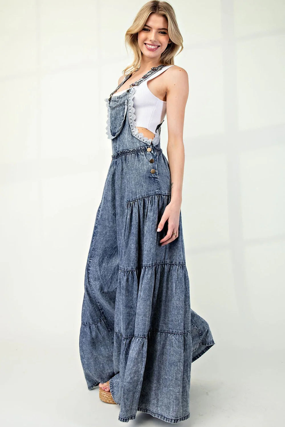 Lace Tiered Denim Jumpsuit