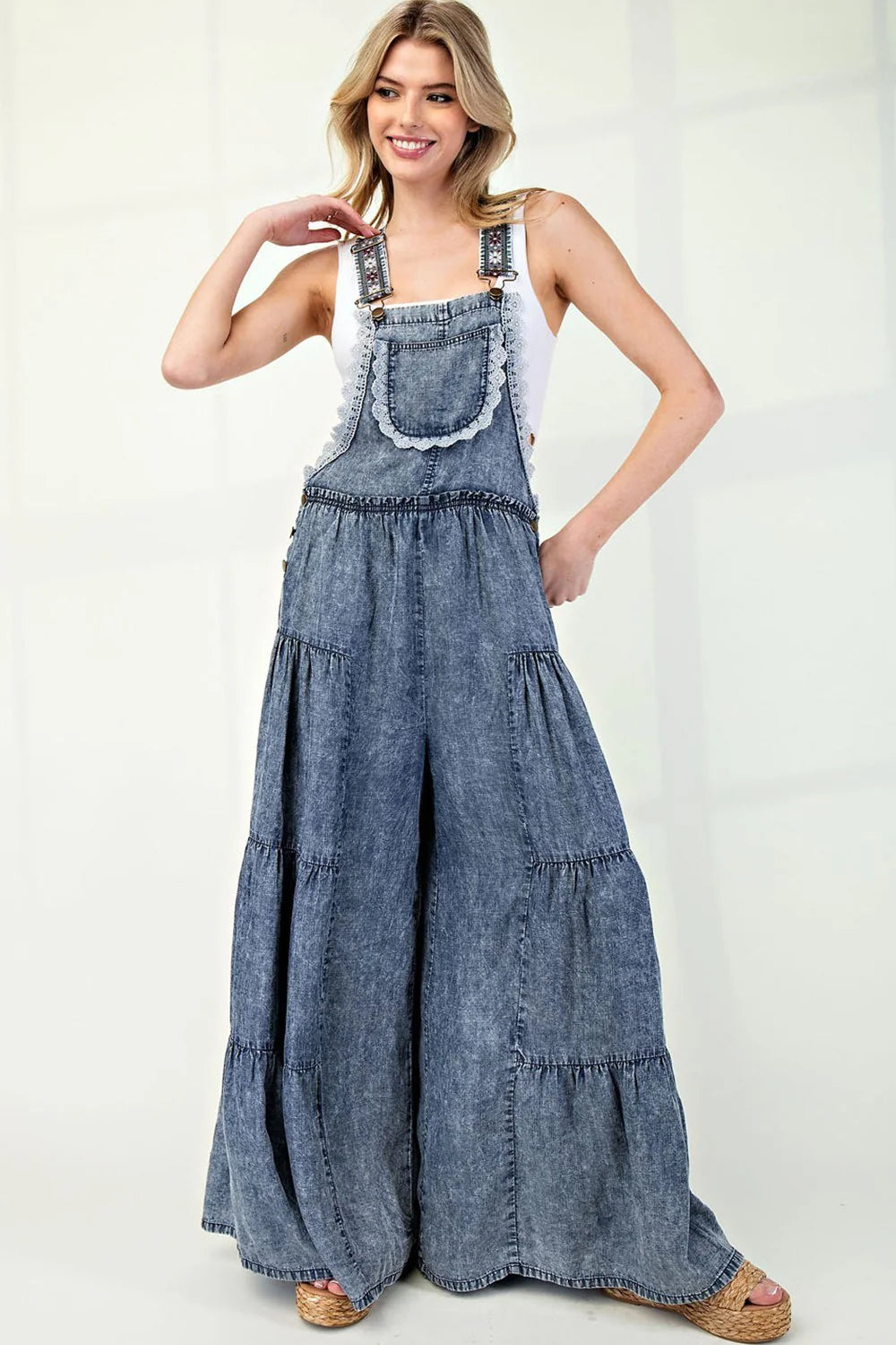 Lace Tiered Denim Jumpsuit