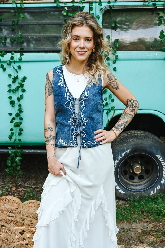 White Embroidered Denim Vest With Front Tie