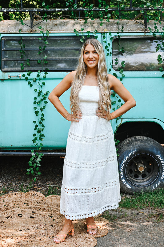 White Eyelet Midi Tube Smocking Dress