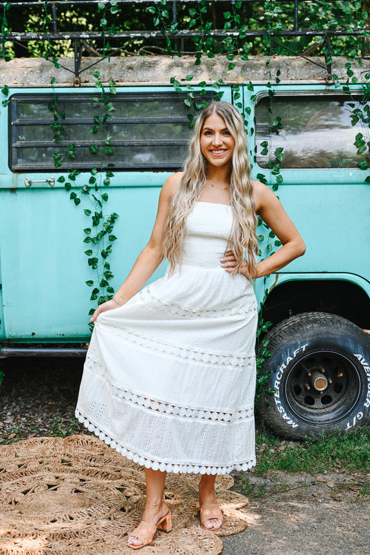 White Eyelet Midi Tube Smocking Dress