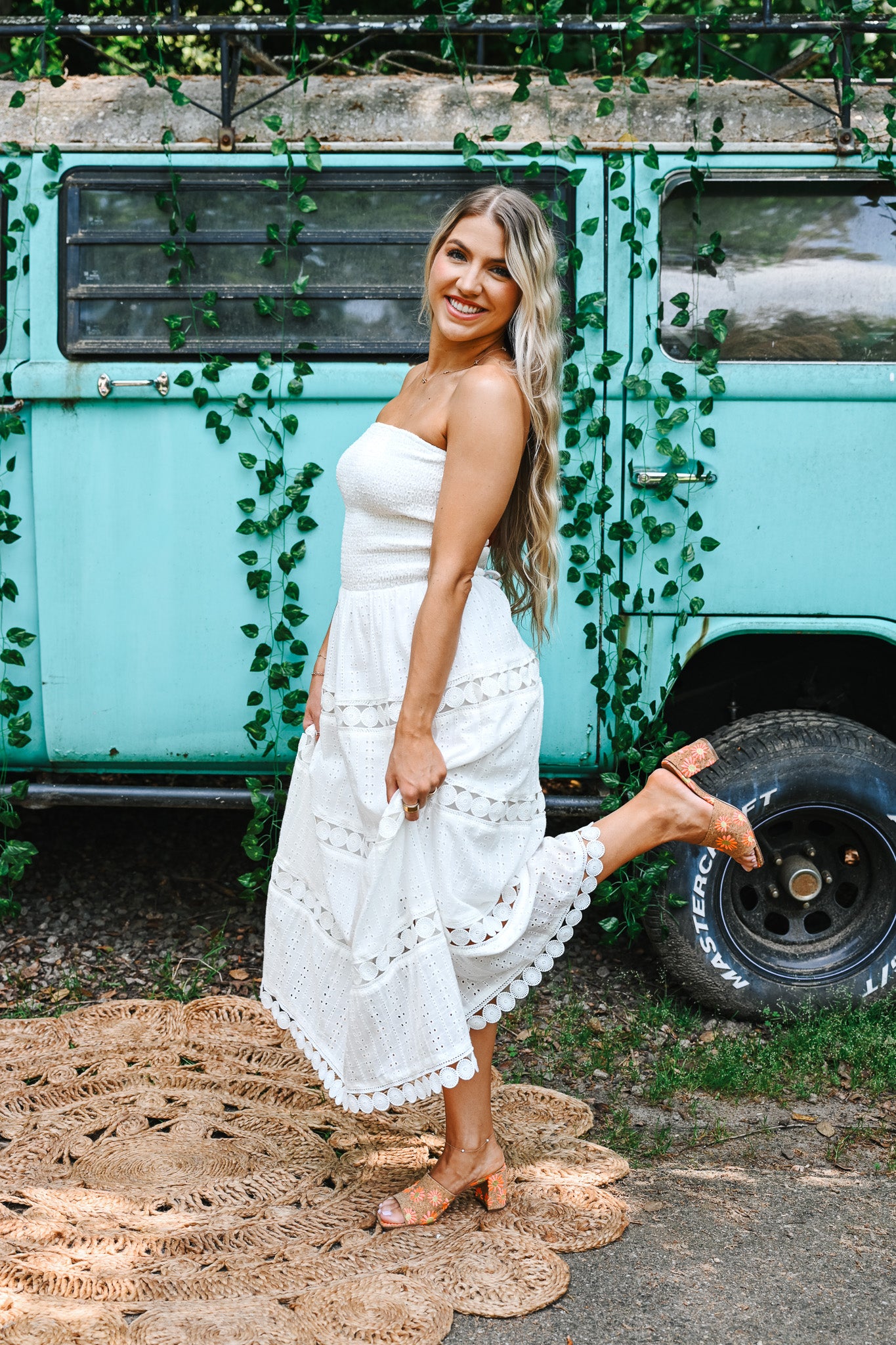 White Eyelet Midi Tube Smocking Dress