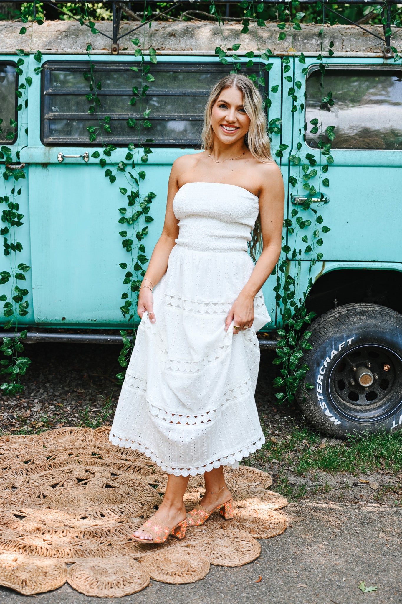 White Eyelet Midi Tube Smocking Dress
