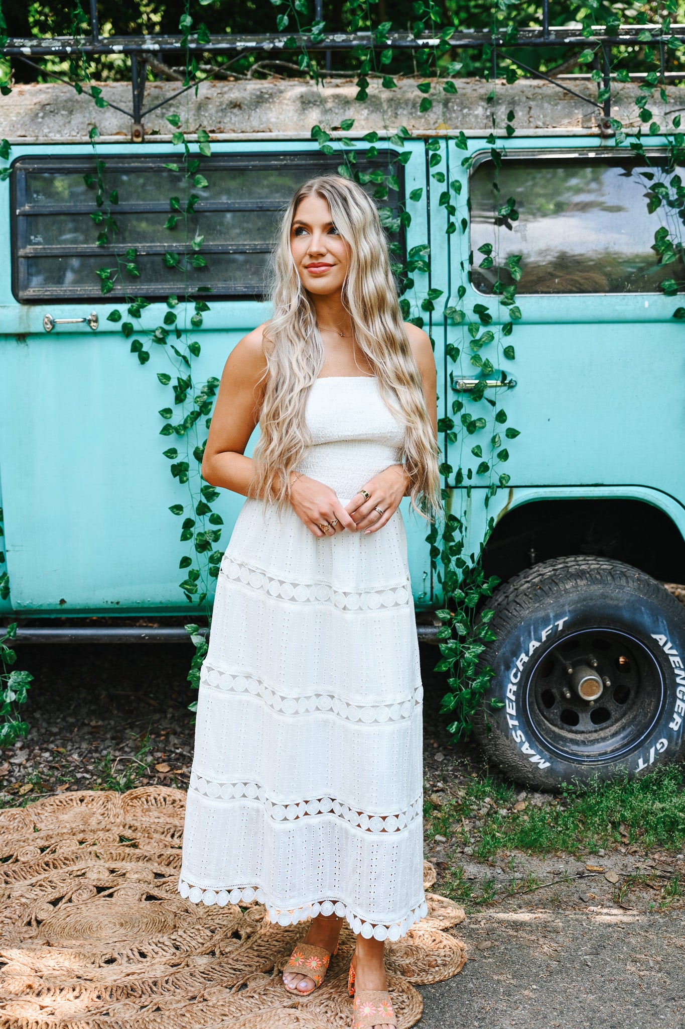 White Eyelet Midi Tube Smocking Dress