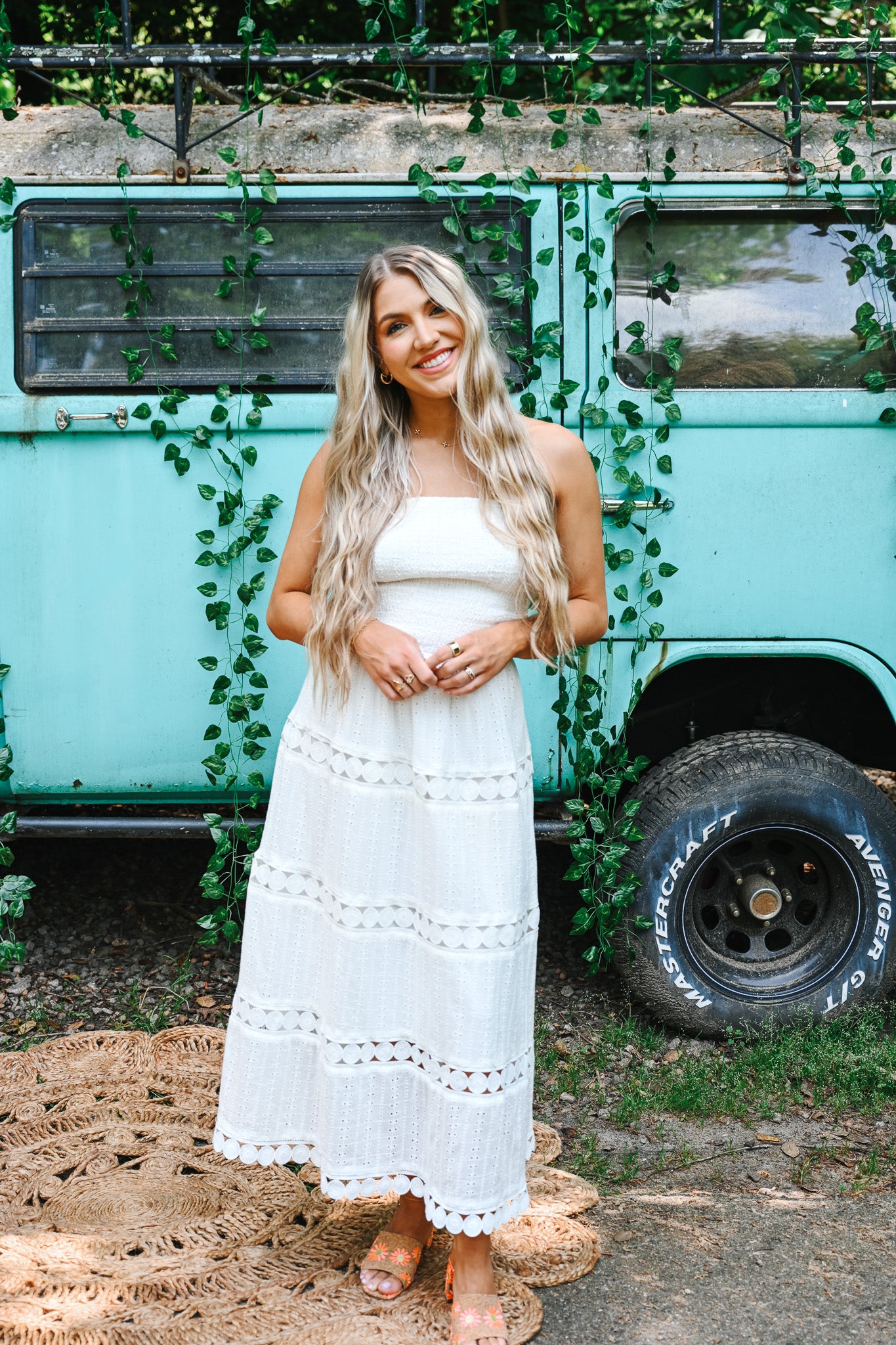 White Eyelet Midi Tube Smocking Dress