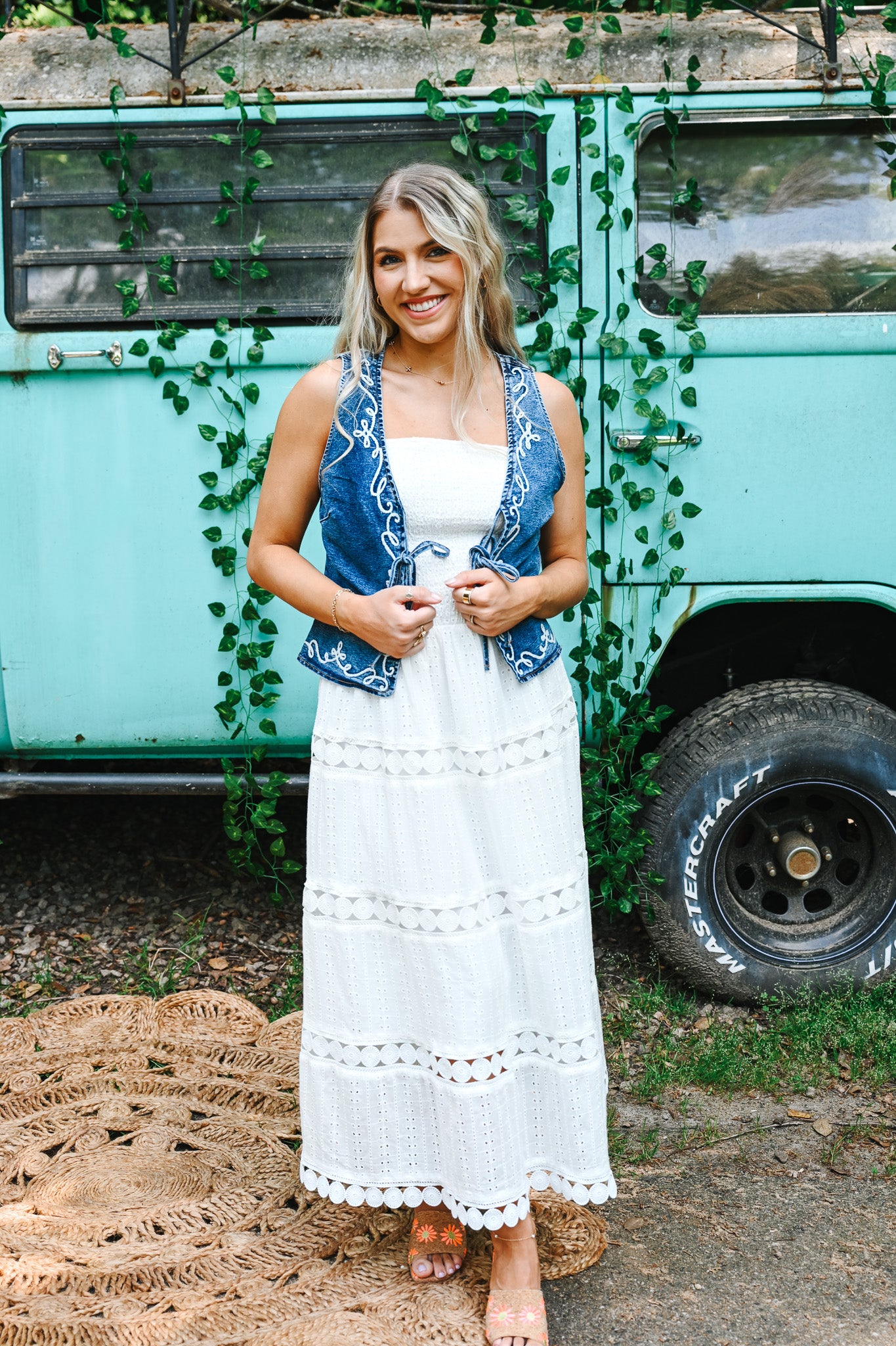 White Eyelet Midi Tube Smocking Dress