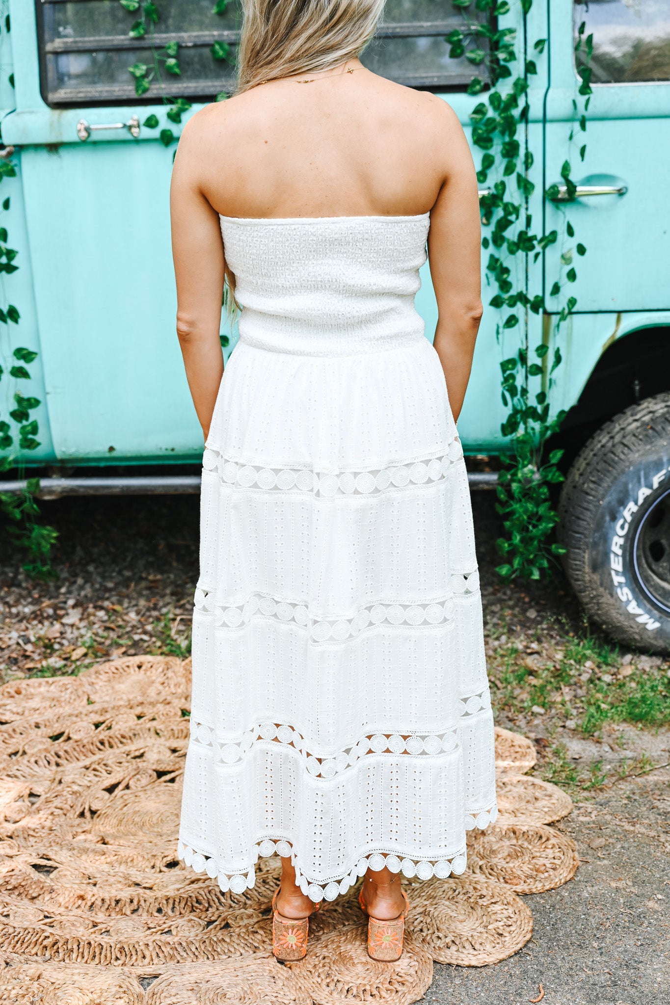 White Eyelet Midi Tube Smocking Dress