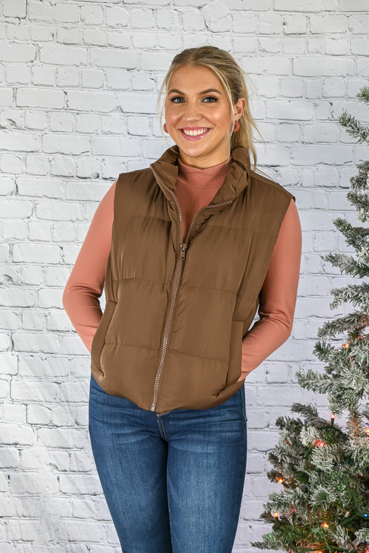 Off To Vail Puffer Vest - Brown -