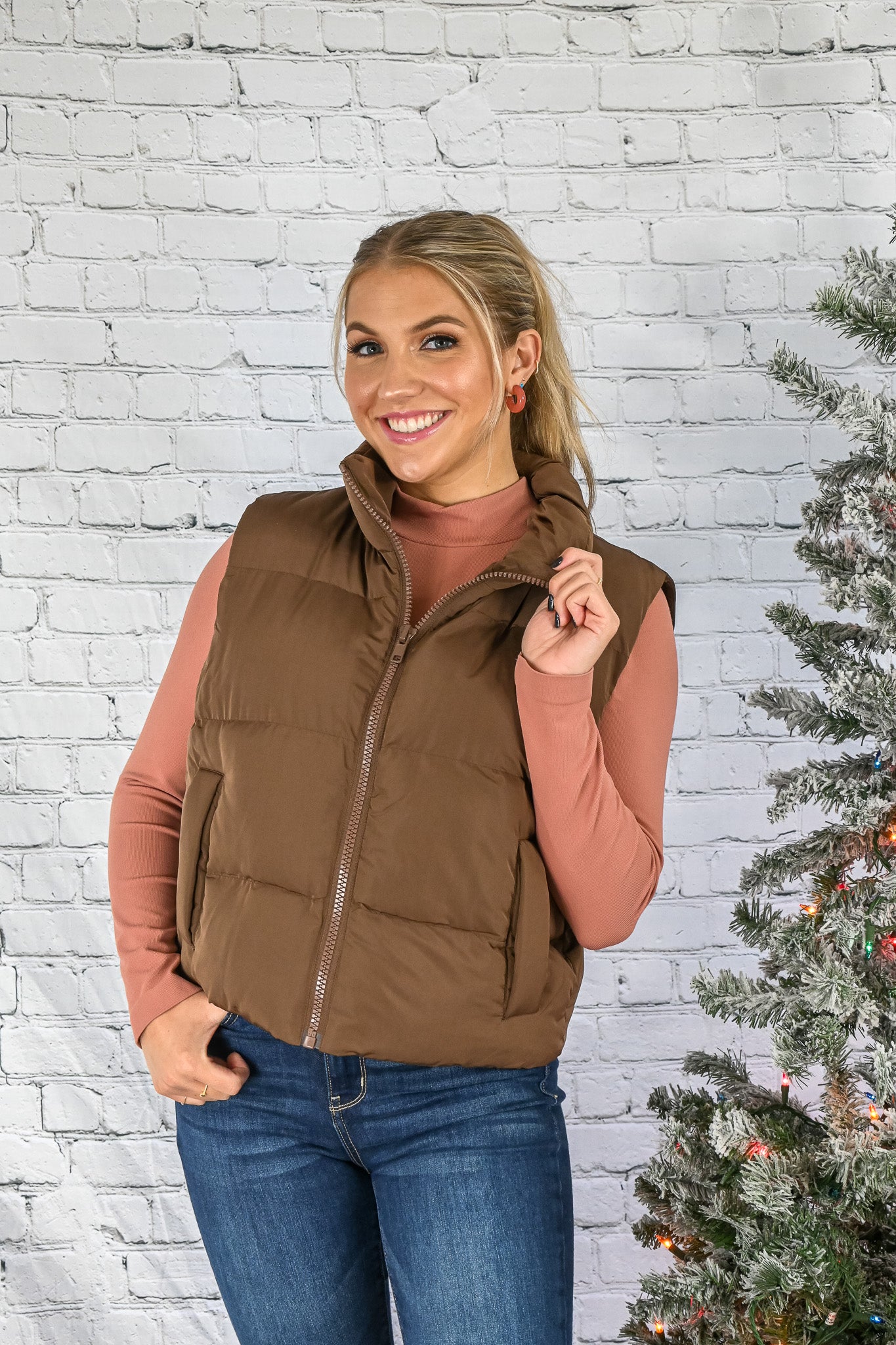 Off To Vail Puffer Vest - Brown -