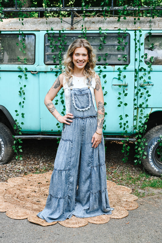 Lace Tiered Denim Jumpsuit