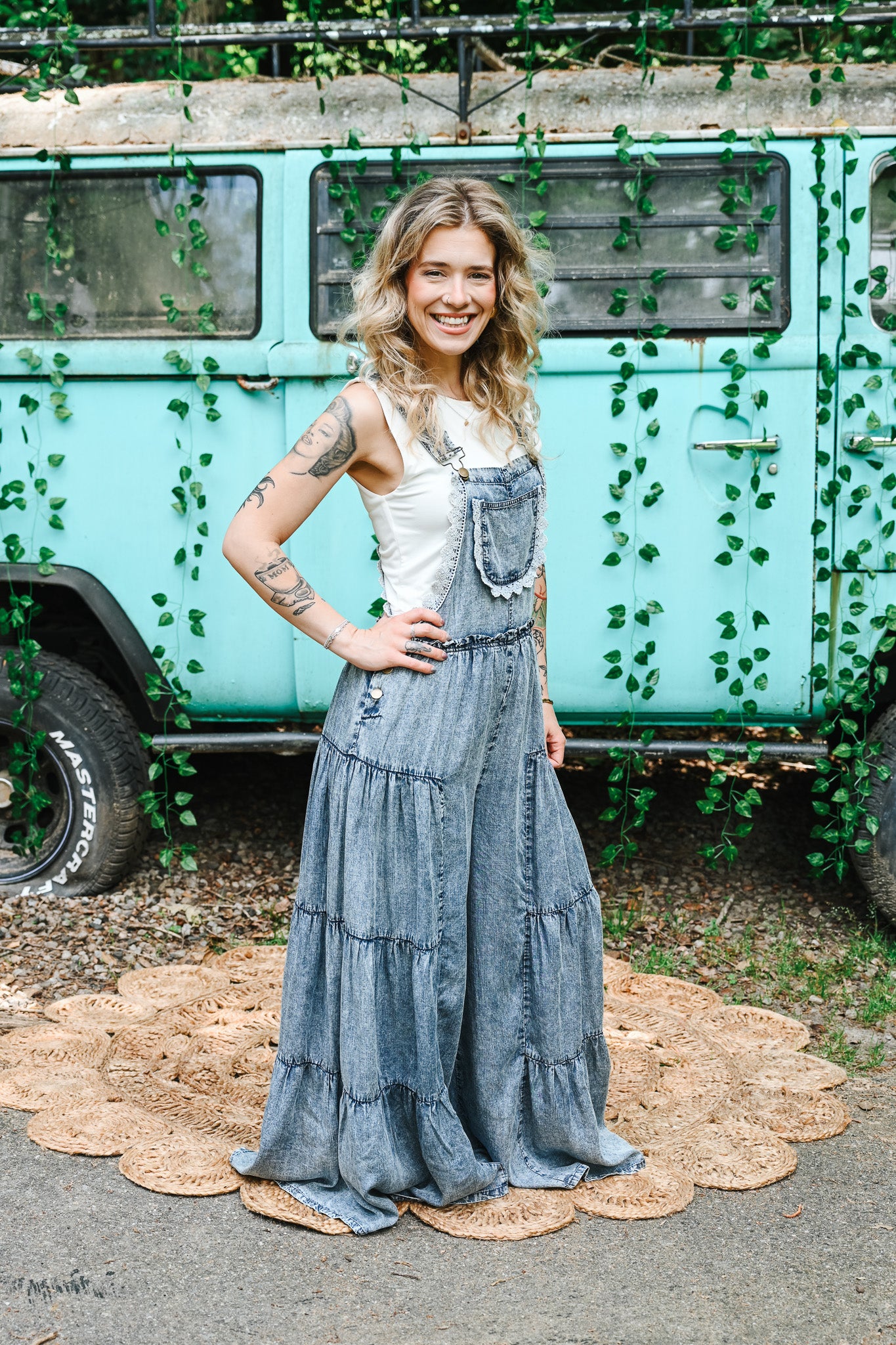Lace Tiered Denim Jumpsuit