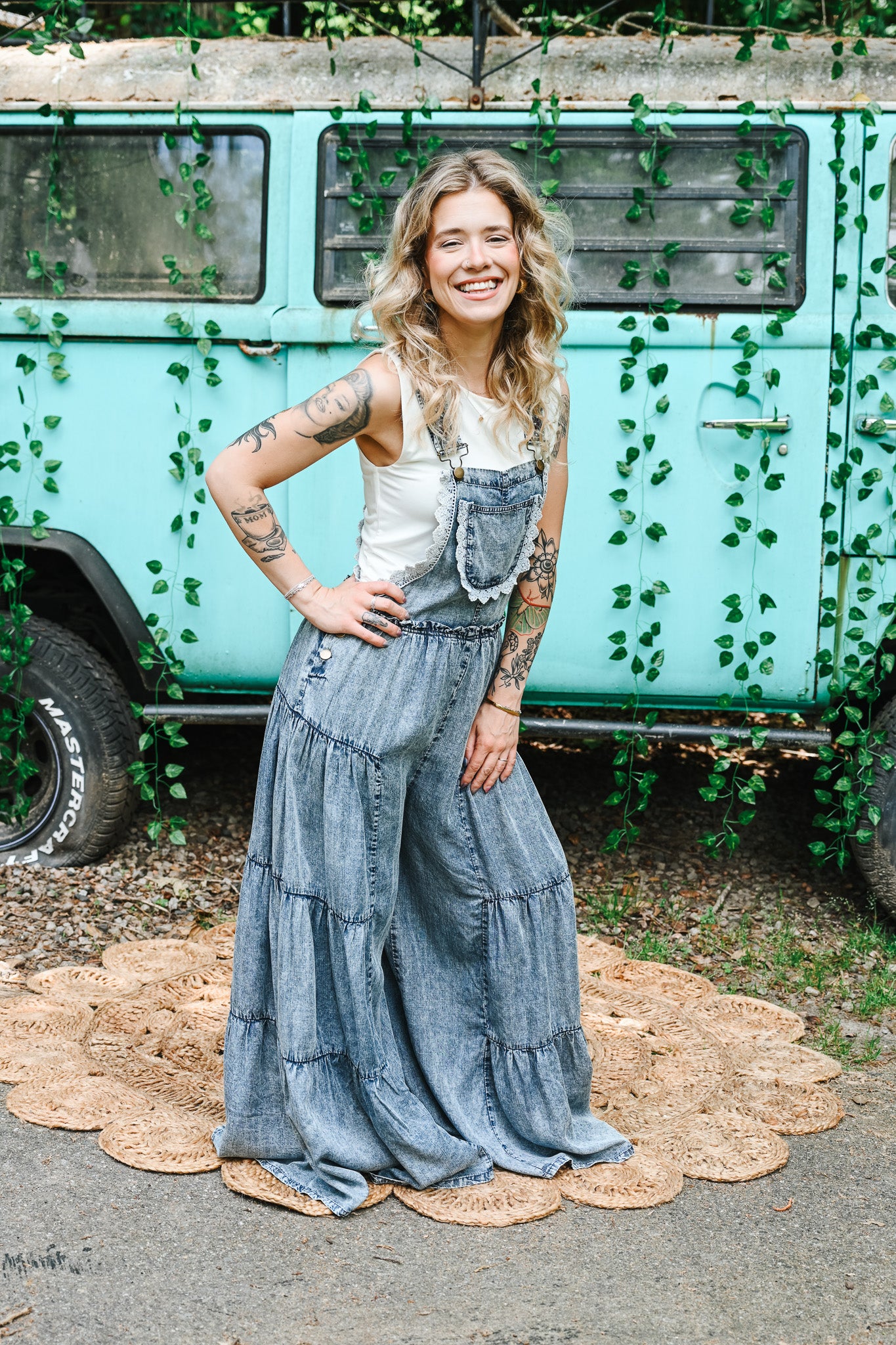 Lace Tiered Denim Jumpsuit